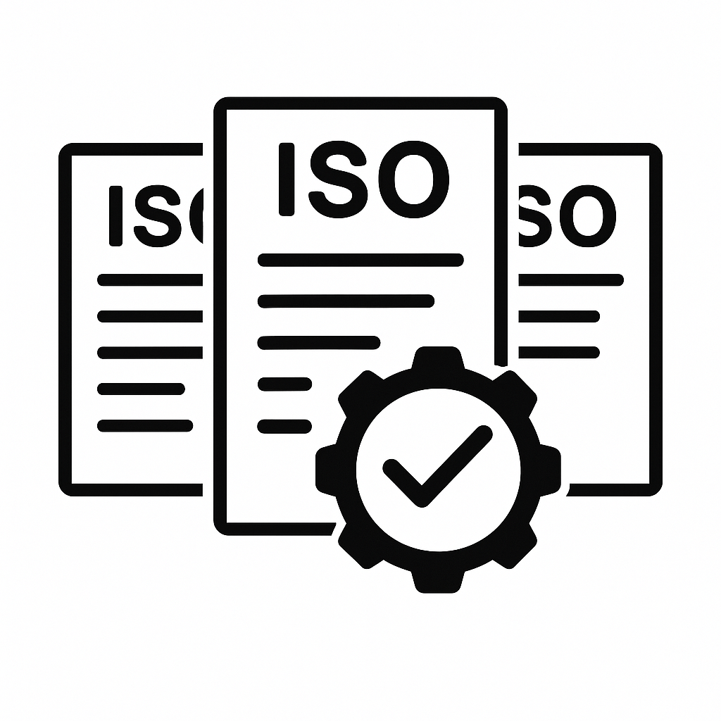 Sistemi di Gestione Integrati – Documenti ISO con ingranaggio e check: implementazione ISO 9001, ISO 14001 e ISO 45001 per sicurezza sul lavoro e miglioramento continuo