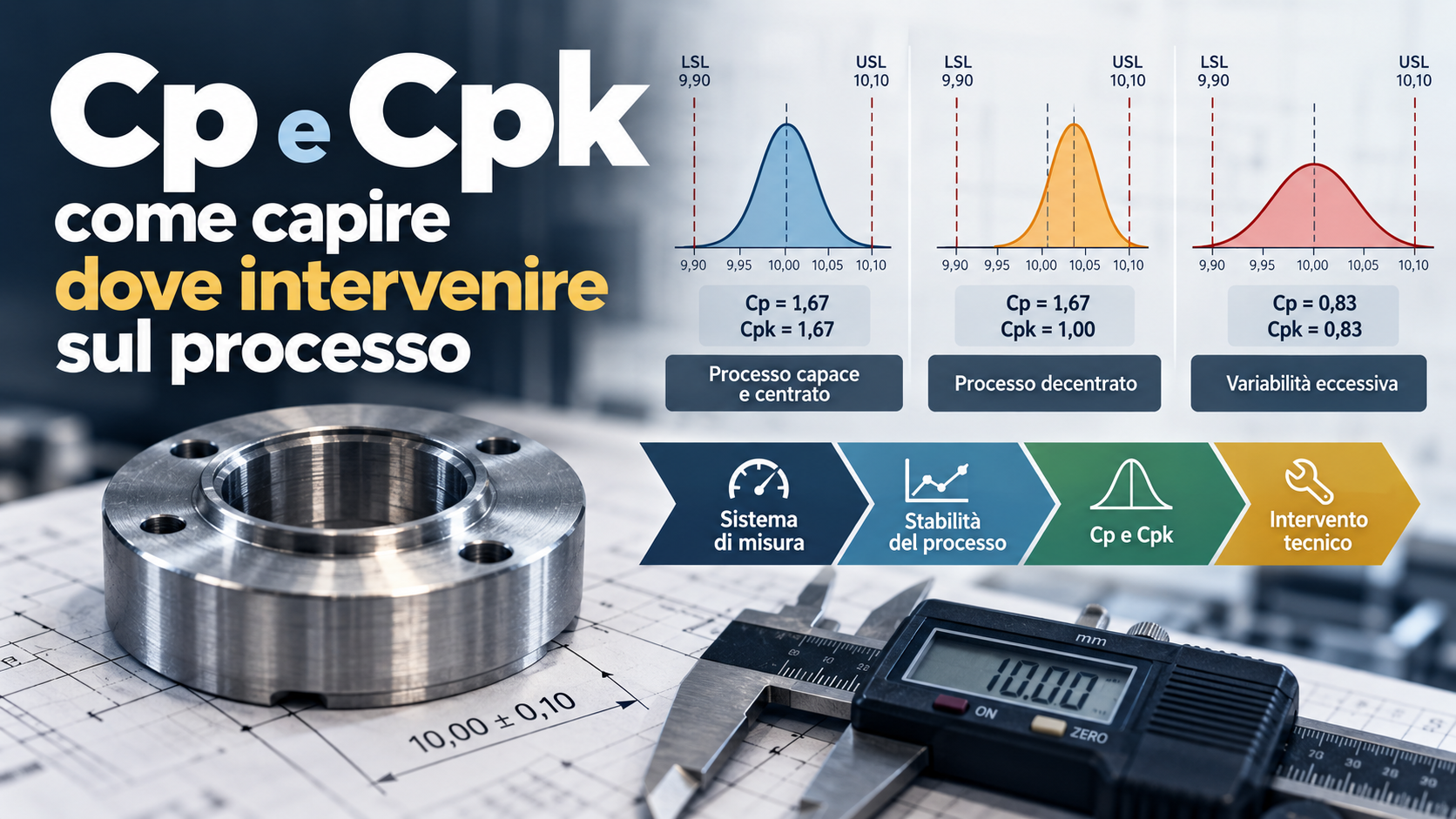 Cp e Cpk applicati alla capacità di processo con tre distribuzioni, limiti di specifica e strumenti di misura